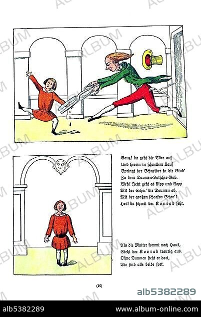 Book illustration, Die Geschichte vom Daumenlutscher, The Story of Little Suck-a-Thumb, Der Struwwelpeter, Shaggy Peter, Dr. Heinrich Hoffmann, 1876.