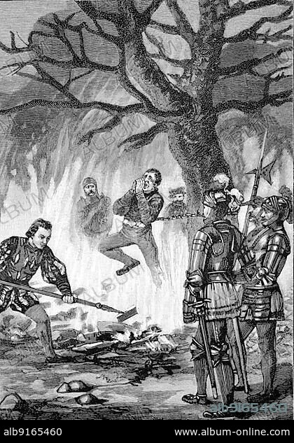 German Peasants' War, 1524-1526, Nonnemacher's Execution. The piper Melchior Nonnenmacher, formerly a musician in the service of the nobility, was burnt to death, Weinsberg Bloody Deed, Germany, Historical, digitally restored reproduction of an original 19th century master, exact original date unknown, Europe.
