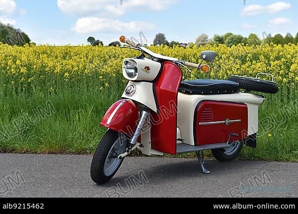 Touring scooter, motorbike troll from the GDR in front of a rape field, Germany, Europe.