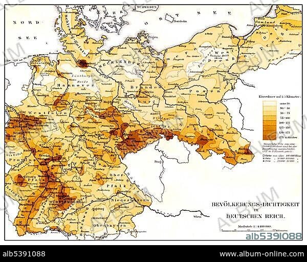 Historical map, population density in the German Reich, 19th Century, from Meyers Konversations-Lexikon encyclopaedia, 1890.