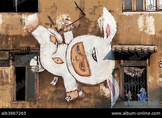 Child in bunny costume, Mural by Thai graffiti artist Alex Face, Graffiti Park Si Surut Alley, Ratchathewi, Bangkok, Thailand, Asia.