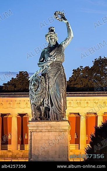 Bronze statue Bavaria in front of Hall of Fame, dusk, Theresienwiese, Munich, Germany, Europe.