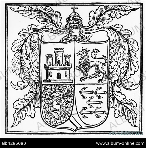 Christopher Columbus' coat of arms in 1502. 1st and 2nd quarters, the royal charges of Castile and Leon (castle and lion). 3rd quarter, islands in a wavy sea. 4th quarter, the customary arms of his family. Engraving. Private collection.