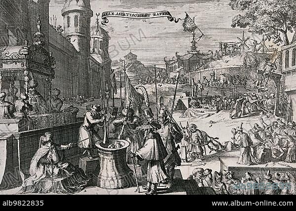 Types of Torture in Asia. Etching; c. 1700. Left; Constantinople; with the Emperor and the Grand Vizier. On the right; China and Japan. In the foreground; about nine different types of torture; including a scene of Spanish punishment and a scene of victims being ground up with huge pestles in a mortar; Historical; digitally restored reproduction from a 19th century original.