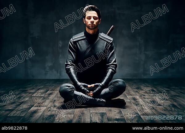 Warrior man meditating in Lotus pose over black background.