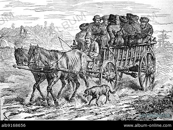 Jews riding a horse-drawn carriage to market, 1880, Poland, Historic, digitally restored reproduction of an original 19th century painting, exact original date unknown, Europe.
