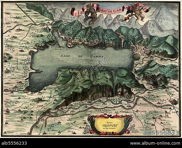 Lago di Garda, Gardasee, Illustration aus Nürnbergische Hesperides, Nürnberger Hesperidengärten von Johann Christoph Volkamer, Nürnberg, Bayern, Deutschland, 1710, digital restaurierte Reproduktion einer Originalvorlage aus dem 18. Jahrhundert, genaues Originaldatum nicht bekannt.