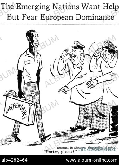 Cartoon published in the New York Times: Khrushchev and Mao offer their services to Congo's leaders. 10-7-1960. Congo (Zaïre).