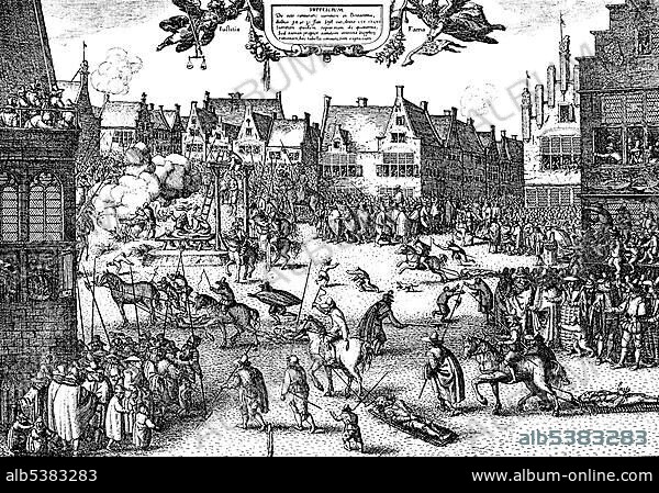 Historic drawing, the torture and execution of the members of the English Gunpowder Plot, an attempt by British Catholics to kill the Protestant King of England, James I, his family, the government and all parliamentarians, 30th January 1606.