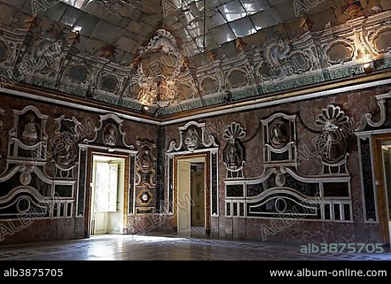 Baroque ballroom with ceiling mirrors, Villa Palagonia, Bagheria, Province of Palermo, Sicily, Italy, Europe.