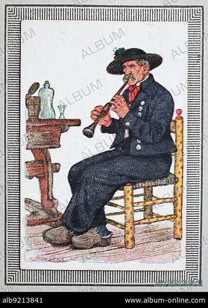 Traditional costumes in Germany in the 19th century, East Prussia, man, East Prussian peasant with flute, historical, digitally restored reproduction from a collector's picture from ca 1910.