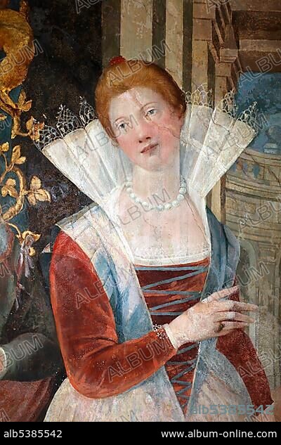 Beautiful lady of the Renaissance era, Italian wall painting, castle Hellbrunn, Salzburg, Austria, Europe.