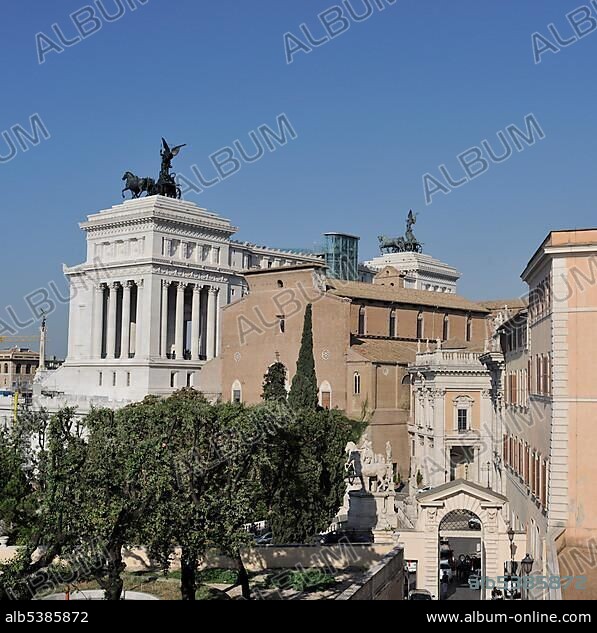 Monumento Nazionale a Vittorio Emanuele II or National Monument of Victor Emmanuel II in the back and Church of Santa Maria in Aracoeli at the Capitoline Hill, Rome, Lazio, Italy, Europe.