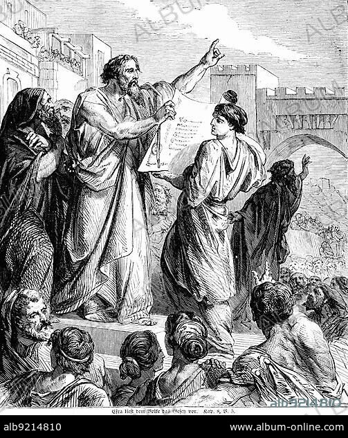 Ezra reads the law to the people, man, read, recite, book, writing, people, crowd, hand, show, gate, wall, Bible, Old Testament, The Book of Nehemiah, chapter 8, verse 5, historical illustration c. 1850.