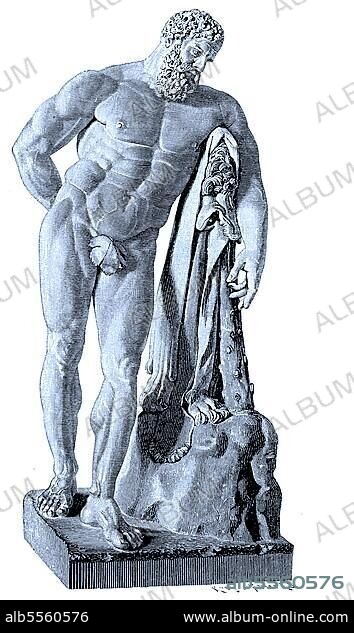 Herakles, war ein göttlicher Held in der griechischen Mythologie, der Sohn von Zeus und Alkmene, antike Marmorstatue in Neapel, digital verbesserte Reproduktion eines Originals aus dem Jahr 1880.