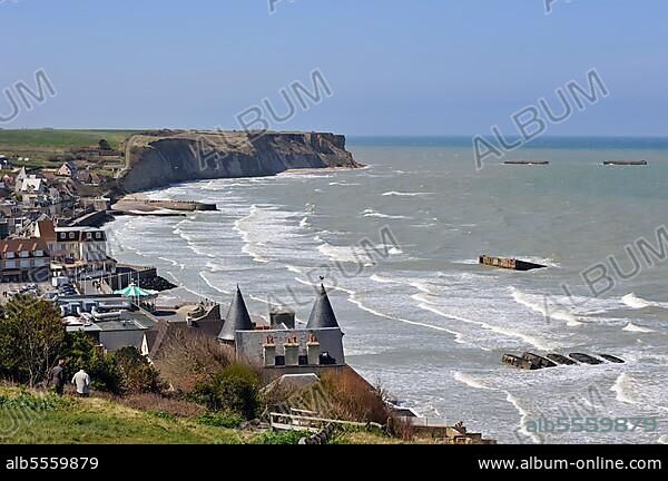 Concrete boxes, known as Phoenix Caissons, in the sea were used as breakwaters and to form an improvised harbour, Mulberry harbour, off Gold Beach during World War II near Arromanches, Normandy, France, Europe.