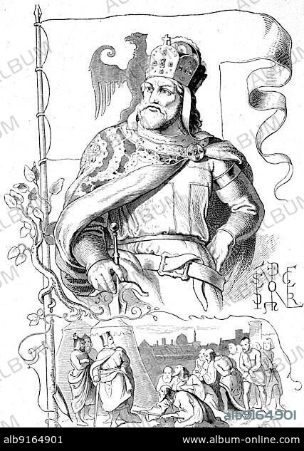 Frederick I called Barbarossa (born around 1122) (died 10 June 1190), from the noble family of the Hohenstaufen was Duke of Swabia from 1147 to 1152 as Frederick III. Duke of Swabia, from 1152 to 1190 Roman-German King and from 1155 to 1190 Emperor of the Roman-German Empire, Historical, digitally restored reproduction of an original from the 19th century, exact original date unknown.