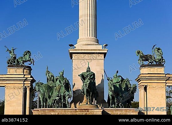 Millennium Monument with equestrian statue of Prince Árpád, Heroes' Square, Budapest, Hungary, Europe.