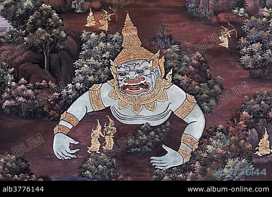 Demon King Thotsakan, figure from the Thai national epic Ramakia, wall painting in Wat Phra Kaeo, Ko Ratanakosin, Bangkok, Thailand, Asia.