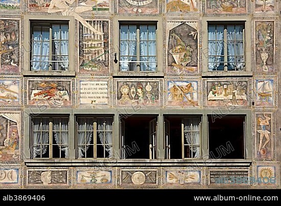 Details of the murals on the façade by Alois Carigiet, Hotel Restaurant Adler, Stein am Rhein, Canton of Schaffhausen, Switzerland, Europe.