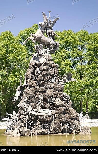 Fountain displaying allegory with Pegasus in the park of royal castle Herrenchiemsee Bavaria Germany.