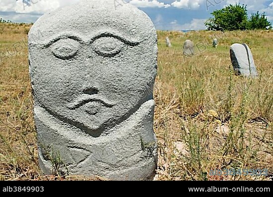 Historic grave stone, balbal, in Balasagun, silk road, Kyrgyzstan, Asia.