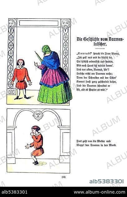 Book illustration, Die Geschichte vom Daumenlutscher, The Story of Little Suck-a-Thumb, Der Struwwelpeter, Shaggy Peter, Dr. Heinrich Hoffmann, 1876.