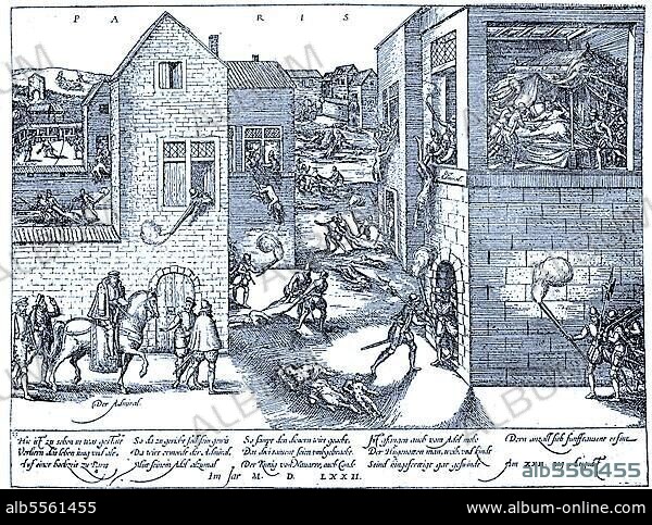 Die Bartholomäusnacht war ein Pogrom an französischen Protestanten, den Hugenotten, der in der Nacht vom 23. auf den 24. August 1572, dem St. Bartholomäus-Tag, stattfand. Admiral Gaspard de Coligny und andere Anführer der Hugenotten wurden ermordet, digitale verbesserte Reproduktion eines Originals aus dem Jahr 1880.