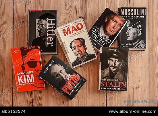 Biographies, books by Kim Jong-un, Adolf Hitler, Vladimir Putin, Mao Zedong, Josef Stalin, Donald Trump and Benito Mussolini.