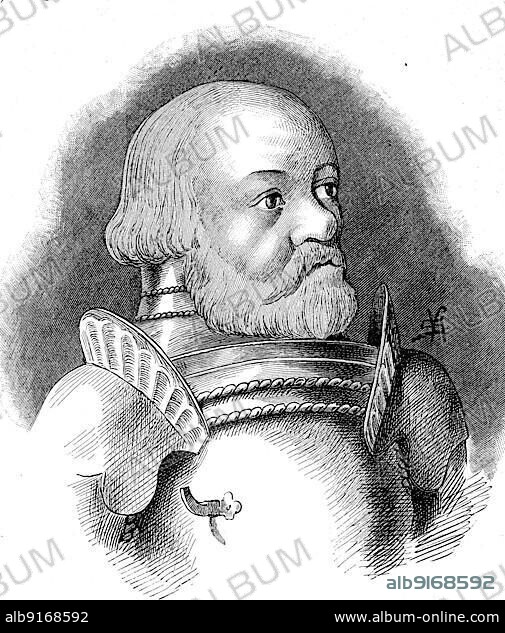 Gottfried Götz von Berlichingen zu Hornberg, mit der eisernen Hand (born around 1480) (died 23 July 1562) was a Frankish imperial knight, Historical, digitally restored reproduction of a 19th century original, exact original date unknown.