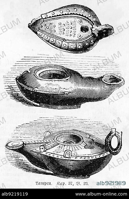 Lamps, Bible, Old Testament, Genesis, 2nd Book of Moses, Chapter 37, Verse 23, oil lamps, various, patterns, ornaments, clay, material, object, use, casting, historical illustration 1850.