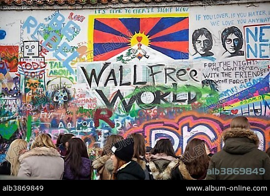 People visiting John Lennon Wall, Prague, Czech Republic, Europe.
