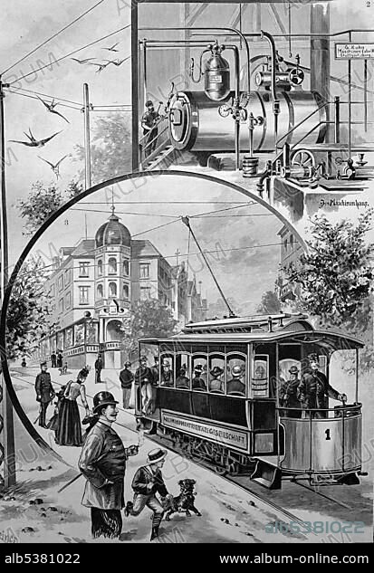 The electric tram in Stuttgart, Baden-Wuerttemberg, Germany, historical illustration, ca. 1893, Europe.