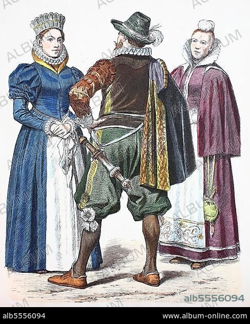 Folk traditional costume, clothing, history of costumes, people from Pomerania, traditional costumes from Germany, 16th century, digitally restored reproduction of a 19th century original, exact date unknown.