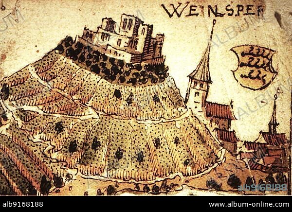 Weinsberg is a town in the district of Heilbronn, Baden-Württemberg, Germany. An early view of the castle and town. Detail from a map of 1578, Historical, digitally restored reproduction of a 19th century original, exact original date unknown.