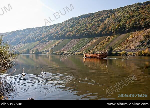 The Stella Noviomagi, replica of a Roman wine ship with tourists on the Moselle river, Neumagen-Dhron, Rhineland-Palatinate, Germany, Europe.