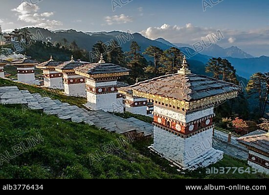 The 108 Druk Wangyal Chortens or shrines at Dochula Pass, Hongtso, Himalayas, Kingdom of Bhutan.