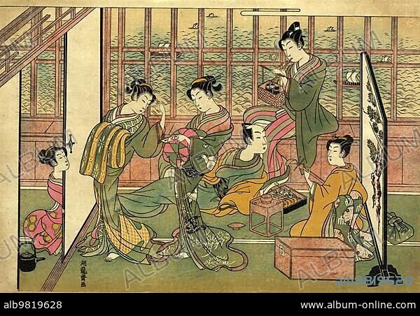 Prostitution; a brothel in Shinagawa; the print shows five courtesans attending to the needs of a male customer; one woman playing a shamisen; another preparing a pipe for smoking; 1774; Japan; Historic; digitally restored reproduction from a 19th century original; Asia.