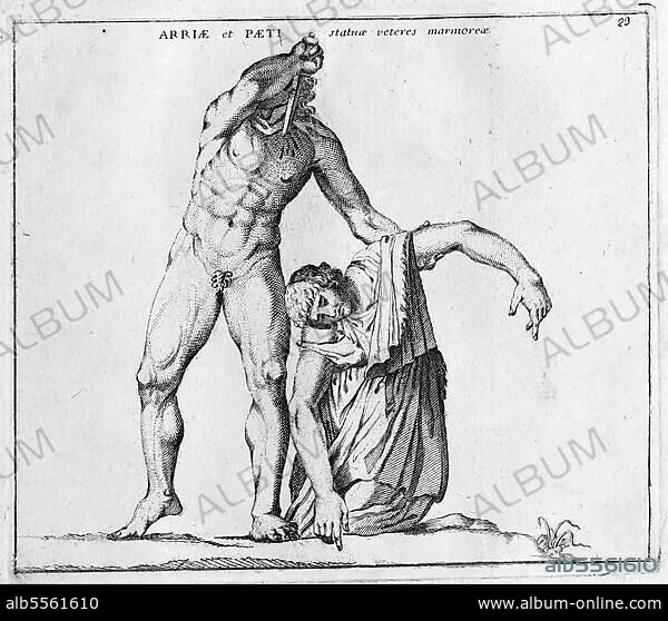 Arria die Ältere, ca 42 n. Chr. war eine Frau im antiken Rom, hier mit ihrem Mann Konsul Aulus Caecina Paetus, Selbstmord, historisches Rom, Italien, digitale Reproduktion einer Originalvorlage aus dem 18. Jahrhundert, Originaldatum nicht bekannt.