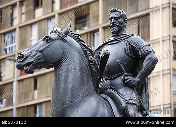 Equestrian statue of conquistador Pedro de Valdivia, Plaza de Armas, Santiago de Chile, Chile, South America.