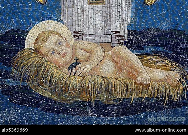 Baby Jesus lying in the manger, Christmas, wall mosaic at the Church of the Transfiguration, Mount Tabor, Galilee, Israel, Middle East, Asia.