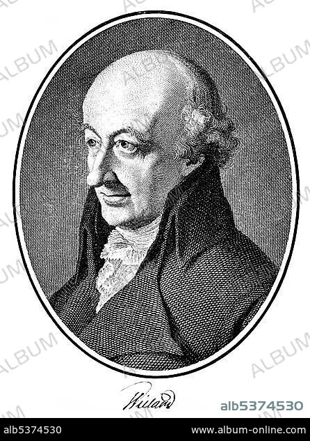 Historic print, copper engraving, portrait of Christoph Martin Wieland, 1733 - 1813, a German poet, translator and writer of the Enlightenment, from Bildatlas zur Geschichte der Deutschen Nationalliteratur, an illustrated atlas by Gustav Koennecke, 1887.