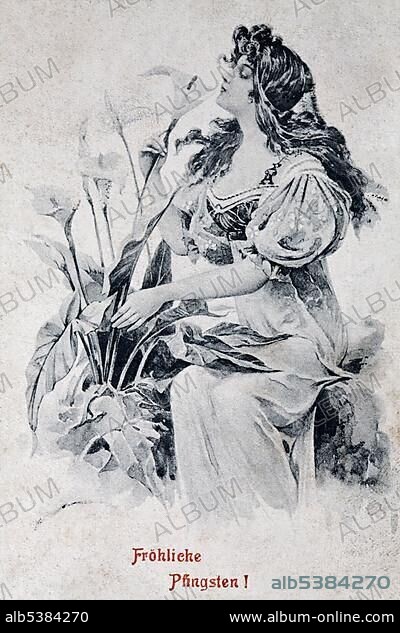 Woman smelling a calla, lettering "Froehliche Pfingsten", German for 'Happy Pentecost', historic postcard, around 1900, kitsch.