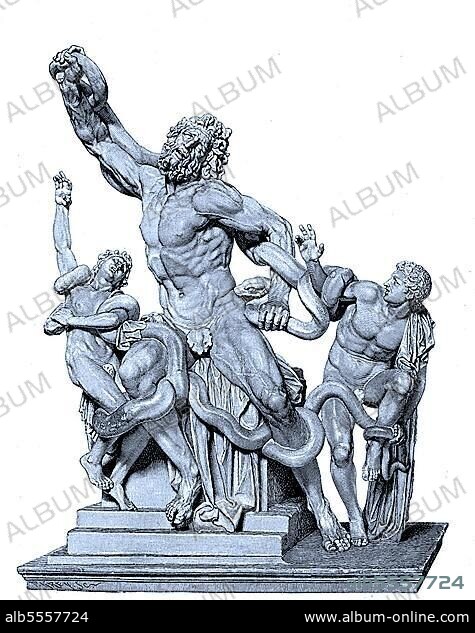 Laokoon, die berühmte Marmorgruppe im Vatikanischen Museum, ist die bedeutendste Darstellung von Laokoon, seinem Todeskampf und seinen Söhnen in der bildenden Kunst von den Künstlern Agesandros, Hagesandros, Polydoros und Athanadoros aus Rhodos, digitale verbesserte Reproduktion eines Originaldrucks aus dem 19. Jahrhundert.