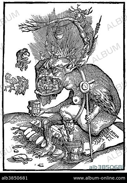 Historical illustration from the 19th century, caricature against the Catholic Church from the Reformation period, 16th century.
