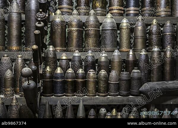 First World War One artillery ammunition, bombs and grenades in the Hooge Crater Museum at Zillebeke, West Flanders, Belgium, Europe.