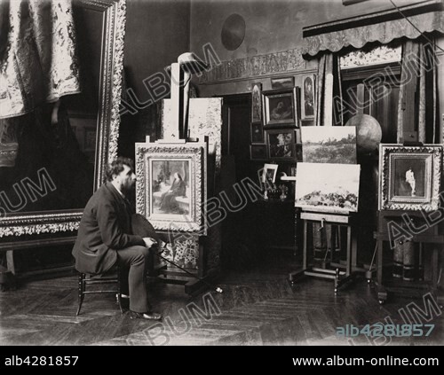 French painter Tony Robert-Fleury in his Paris studio, circa 1885.. Photograph by Edmond Bénard. Albumen print.. Tony Robert-Fleury (1837-1911).