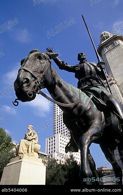 Monumento de Cervantes, Cervantes monument with a sculpture of Don Quixote on the Plaza de Espana, Madrid, Spain, Europe.