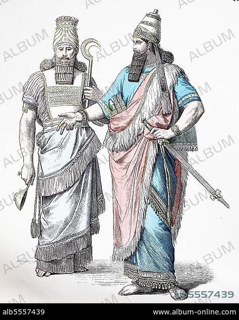 Folk traditional costume, clothing, history of costumes, Assyrian high priest and Egyptian king from the pre-Christian era, Historical, digitally restored reproduction of a 19th century original.