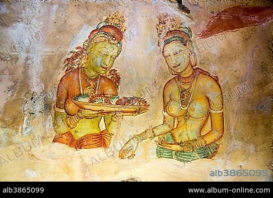 Rock painting frescoes of maidens, rock fortress, Sigiriya, Central Province, Sri Lanka, Asia.
